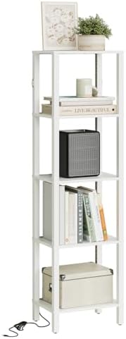 Open Book Shelf with LED Lights, 5 Tier Tall Bookshelf, Freestanding Shelf Narrow Bookcase with Open Shelves, 14.96" x 1