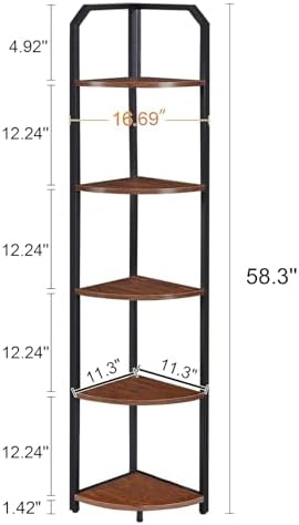 5 Tier Corner Shelf, Narrow Corner Bookshelf for Living Room,Bedroom, Brown