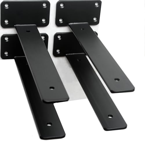 4 Pack - 9 inch Black Hidden L Shelf Bracket (1/5 Inch Thicked) Iron Floating Shelf Brackets Rustic Industrial Metal Bra