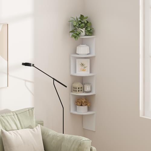 Furinno Rossi 5-Tier White Floating Corner Shelf for Wall, Corner Zigzag Shelf Wall Mounted, Radial Wall Mount Shelves, 