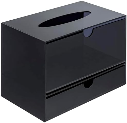 MyGift Premium Black Acrylic Cosmetic Organizer Caddy and Tissue Box Cover with Pull Out Makeup Storage Drawer - Counter
