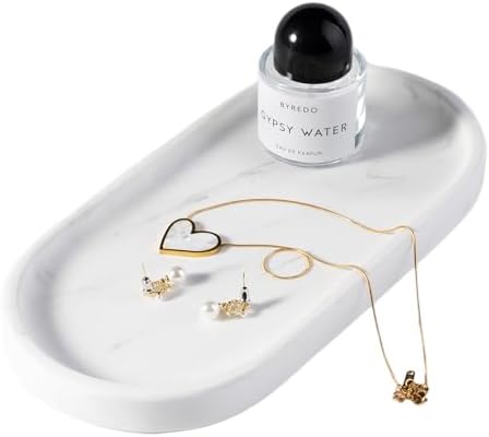 Koville White Marble Oval Tray for Bathroom Countertop, 10" x 5" Natural Marble Vanity Trays, Stone Perfume Organizer Tr