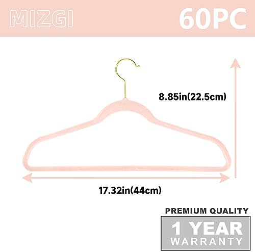 MIZGI Blush Pink Velvet Hangers 60 Pack,Premium Gold Clothes Hangers Non-Slip Felt Hangers,Sturdy Pink Hangers Heavy Duty Coat Hangers,Durable Suit Hangers for Space Saving, No Hanger Marks