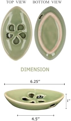 Ceramic Soap Dish with Self Draining Tray for Bar Soap, Bathroom, Kitchen (Green No.1)