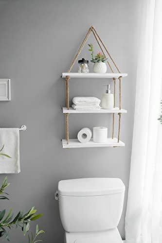 Mkono Hanging Shelves 3 Tier White Wood Wall Mount Floating Shelf with Rope Boho Decor for Living Room Bathroom Bedroom 