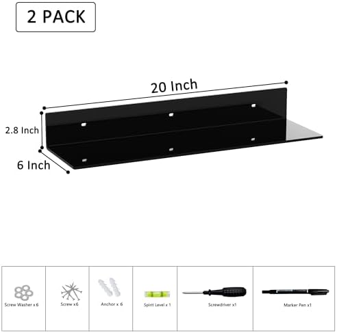 Sezanrpt 20 Inches Acrylic Wall Shelves 2 Pack, Floating Shelf for Wall Mounting, Acrylic Display Ledges for Funko Pop Figures, Home Décor, Living Room, Gaming Room, Plants(20 inch, Black)