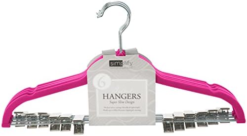 Simplify 6 Pack Slim Velvet Hangers with Skirt or Pant Clips, Space Saver, Prevent Garment Creases, Swivel Neck, Durable, Fuchsia