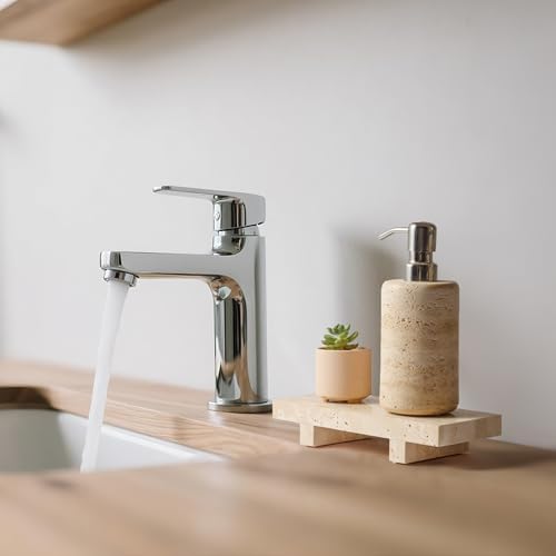 Natural Travertine Tray Pedestal Stand for Bathroom Countertop, 9" x 4" Stone Riser for Soap, Perfume & Candles, Waterpr