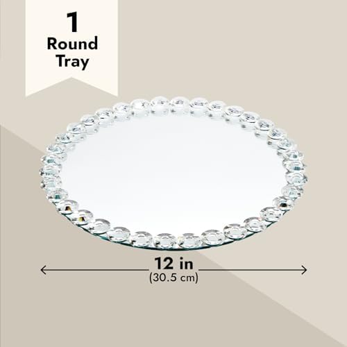 Okuna Outpost Crystal Bead Round Mirror Tray for Bathroom Decor - 12-inch, Silver, Modern - Perfume Organizer & Jewelry 