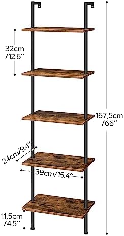 HOOBRO DIY Ladder Shelf, 5-Tier Wooden Wall Mounted Bookshelf, Narrow Bookcase, Display Shelf, Storage Rack, Plant Stand