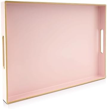 Gifturbo Pink Large Serving Tray with Handles，Rectangular Plastic Elegant Decorative Coffee Table Tray for Ottoman, Livi