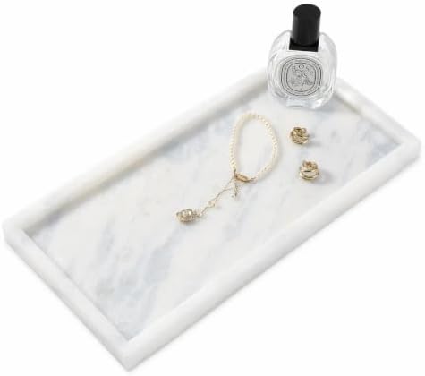Koville 12" x 6" White Marble Vanity Tray for Home, Marble Bathroom Tray