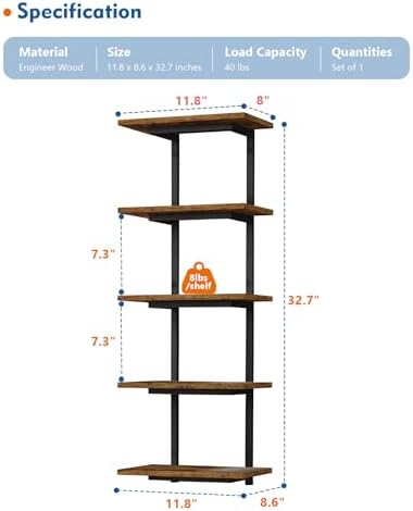 Harwaya 5 Tier Wall Bookshelf Unit for Bedroom Books, Large Floating Book Shelves Wall Mounted, Rustic Wood Lack Tiered 