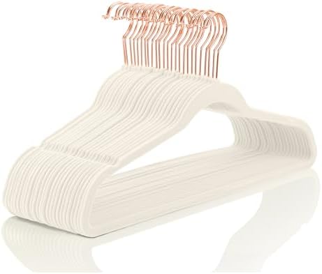 MIZGI Ivory Velvet Hangers 60 Pack Non Slip Heavy Duty Rose Gold Hooks