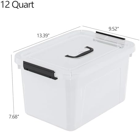 Quickquick 12 Quart Clear Plastic Latching Storage Bin with Handle, 4 Packs