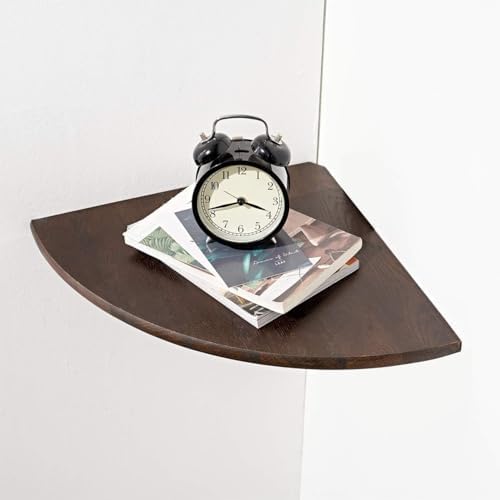 Corner Shelf, Solid Oak Wood Floating Corner Shelf Wall Mount Round End Floating Speaker with Wire Hole for Small Plant 
