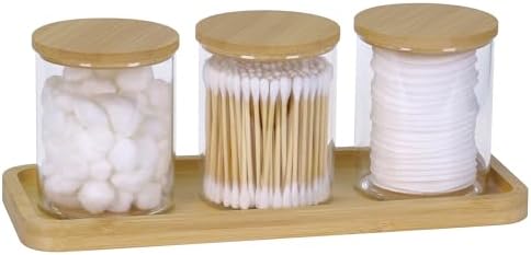 INIUNIK Qtip Holder with Vanity Tray, 3 Pack Glass Apothecary Jars with Lids, Bathroom Accessories Canisters Organizers 