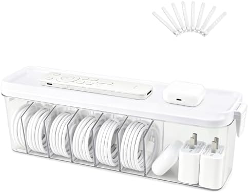 TexHome Clear Cord Storage Organizer Box with Lid, Plastic Charger Cable Organizer with Wire Ties, Electronics Cord Orga