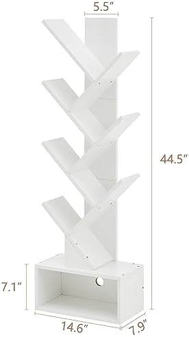Hoctieon 6 Tier Tree Bookshelf, Tall Bookcase with Drawer, Freestanding Book Shelf, Display Floor Standing Storage Shelf
