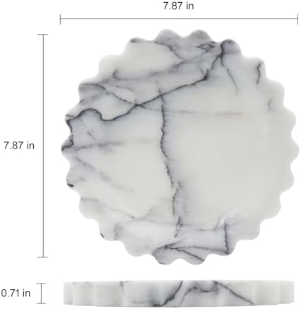 Round Marble Decorative Tray with Scalloped Edge, Luxury Natural Stone Bathroom Vanity Tray, Dresser Top Perfume Coffee 
