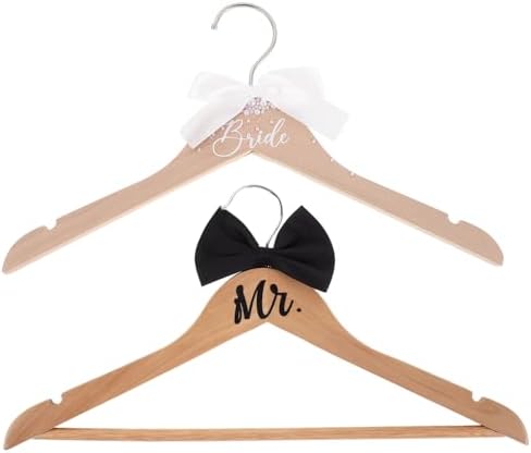 ABOOFAN Bride and Groom Hangers, 2 Pack Wooden Wedding Dress Hanger for Gown and Tuxedo, Mr and Mrs Set with Bow Tie, Non-Slip Shoulder Notches, Photography Prop and Keepsake