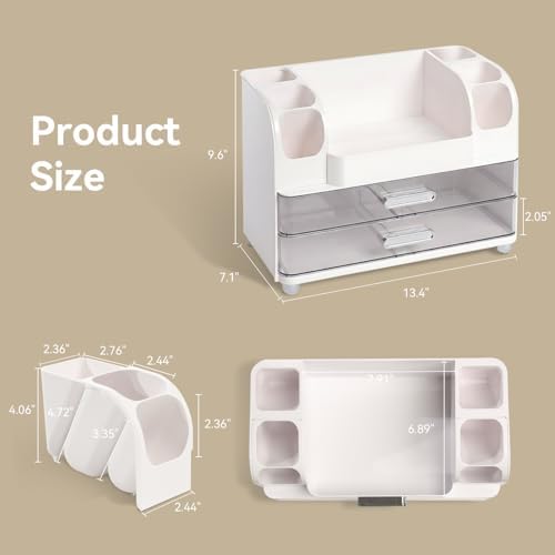Makeup Organizer for Vanity with 2 Large Drawers and 6 Brush Holders, White