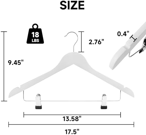 Wooden Hangers with Adjustable Metal Clips, 72-Pack, White