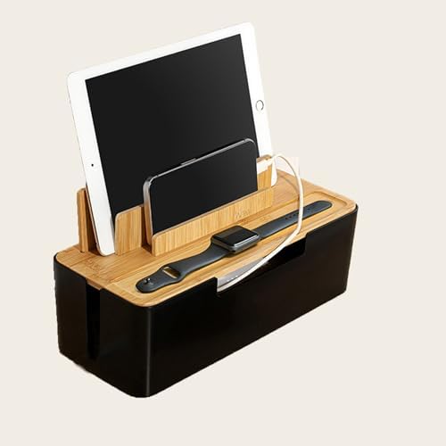 Catekro Cable Management Box with Bamboo Lid Cell Phone Tablet Holder Plug Data Cable Storage Charging Organizer Charger