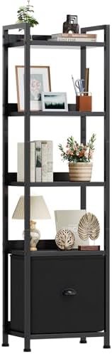 DUMOS 5 Tier Bookshelf with Fabric Drawer, Display Standing Shelf, Black