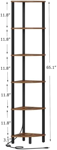 VIMBER 6-Tier Corner Shelf with LED Light, Industrial Corner Ladder Shelf, Rustic Display Shelf for Living Room, Bedroom