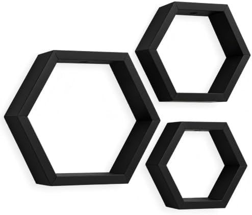 AHDECOR Wall Mounted Hexagon Floating Shelves, Wooden Wall Organizer Hanging Shelf for Home Decor, Set of 3, Black