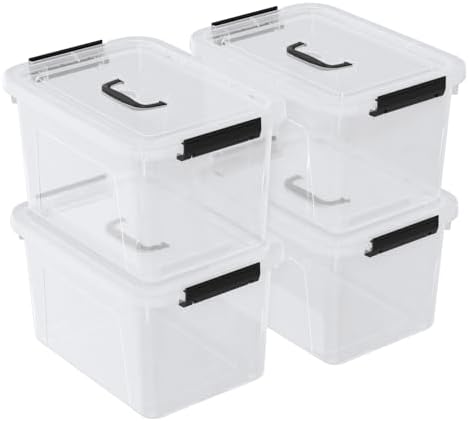 Quickquick 12 Quart Clear Plastic Latching Storage Bin with Handle, 4 Packs