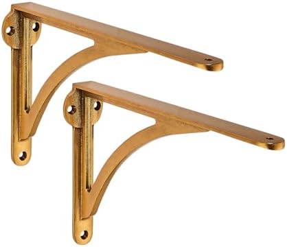 Khtumeware 100% Solid Brass Decorative Shelf Brackets, 8-inch Wall-Mounted Shelving Brackets, 2-Pack Antique Brass Vinta