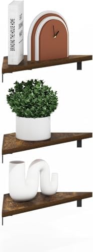 Furinno Rossi Triangle Corner Floating Shelves, Wall Mount Display Shelf, Amber Pine, Set of 3 (Pack of 2)