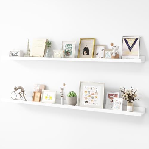 Acovy Picture Ledge Shelf, Wood Long Floating Shelves for Wall, Set of 2, 56 inch Picture Ledge Shelves, Photo Ledge Nursery Book Shelves Wall Mounted for Living Room Kids' Room Bedroom, Color White