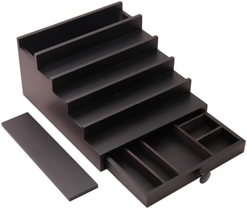 5 Tier Men's Cologne Organizer, Black Wood Display Stand Holder with Drawer