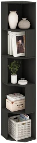 5 Tier Black Skinny Corner Display Shelf Unit, Wooden Bookshelf Corner Storage Shelves with 5 Cubes, Wood Skinny Small B