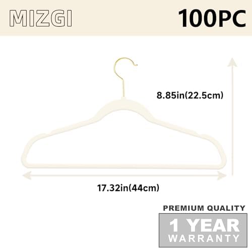 MIZGI Ivory Velvet Hangers 100 Pack,Premium Gold Clothes Hangers Non-Slip Felt Hangers,Sturdy Ivory Hangers Heavy Duty Coat Hangers,Durable Suit Hangers Space Saving, No Flocked Hanger Marks