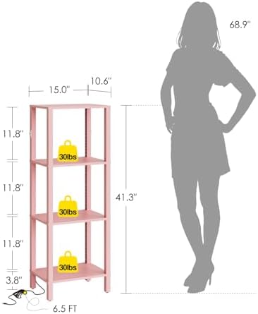 Open Book Shelf with LED Lights, 4 Tier Small Bookshelf, Freestanding Shelf Narrow Bookcase with Open Shelves, 14.96" x 