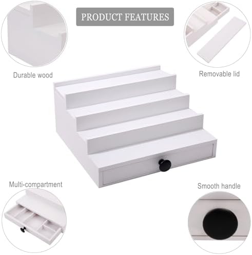 4 Tier White Cologne Organizer, Wooden Display Stand with Drawer Storage