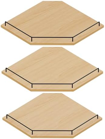 JJL Corner Shelf Wall Mounted, 12 Inches 3-Tier Floating Corner Shelf, Hexagon Rustic Wood Decor with Fence, Natural Woo
