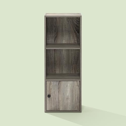 Hagen 3-Tier Bookshelf, 32 Inch Tall Bookcase with Open Shelves and Door, for Living Room, Home Office, Olive Oak