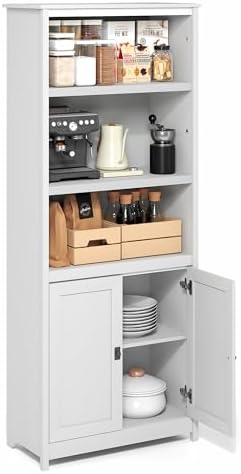 Furinno Robin 5-Tier Storage Cabinet, 2 Door Pantry Cabinet, Plain White
