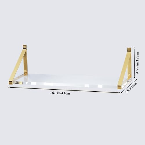 Gold Floating Shelves Crystal-Clear Acrylic Floating Shelves,Sturdy Thickness 10mm(0.4inch) Acrylic Shelves for Wall Dec