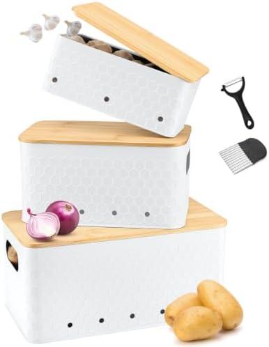 Kitchen Vegetable Storage Set of 3, Metal Onion Garlic Potato Storage Set, Kitchen Canisters Vegetable Keeper Containers