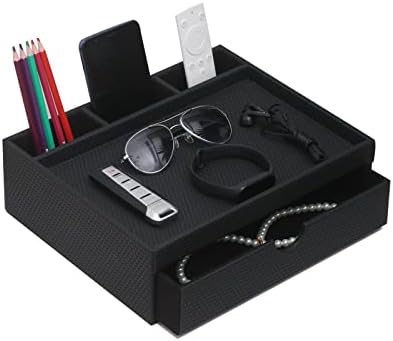 Leather Desk Organizer With Drawers, Home Cosmetics Organizer, Phone Remote Organizer, Drawer Plus Divider & Tray (black)