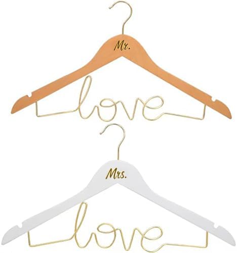 Mr & Mrs Wedding Dress Hanger Set – Bride Hangers for Wedding Dress & Groom Suit, Wooden Bridal Hanger with Love Wire Ba