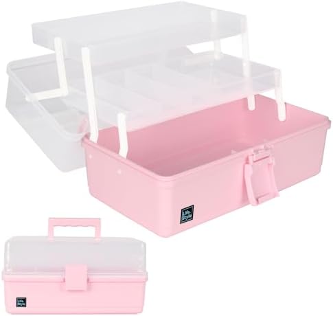 WEWLINE Hair Accessories Organizer 13-Inch Art Supply Bin Sewing Box 3-Layers Craft Storage Organizer with Handle Pink T