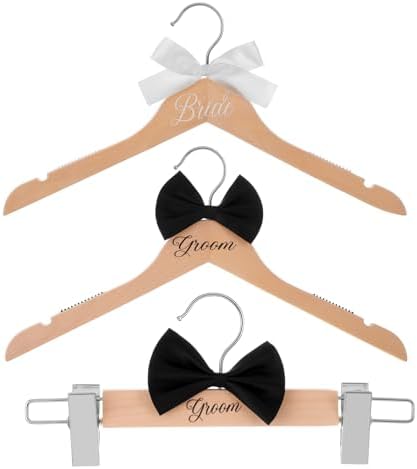 Beeveer 3 Pcs Groom and Bride Wooden Hanger with Clips, Bow,Wood Color