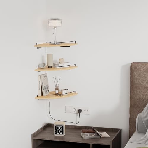 JJL Corner Shelf Wall Mounted, 12 Inches 3-Tier Floating Corner Shelf, Fan-Shaped Rustic Wood Decor with Fence, Natural 